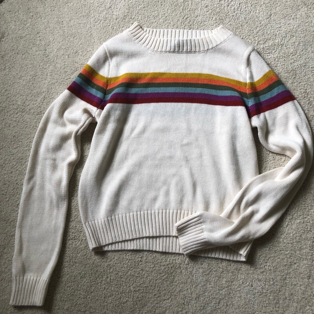 Cream sweater with multi- color stripes